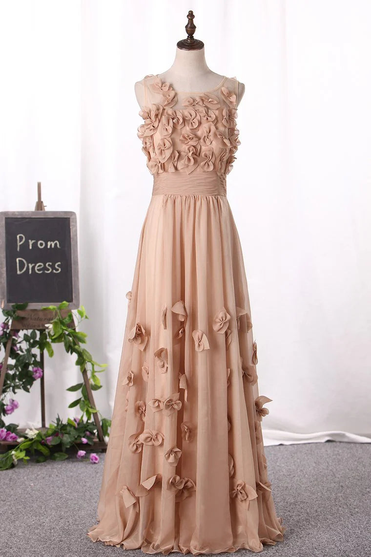 Party Dresses Scoop A Line With Handmade Flower And Ruffles Floor Length